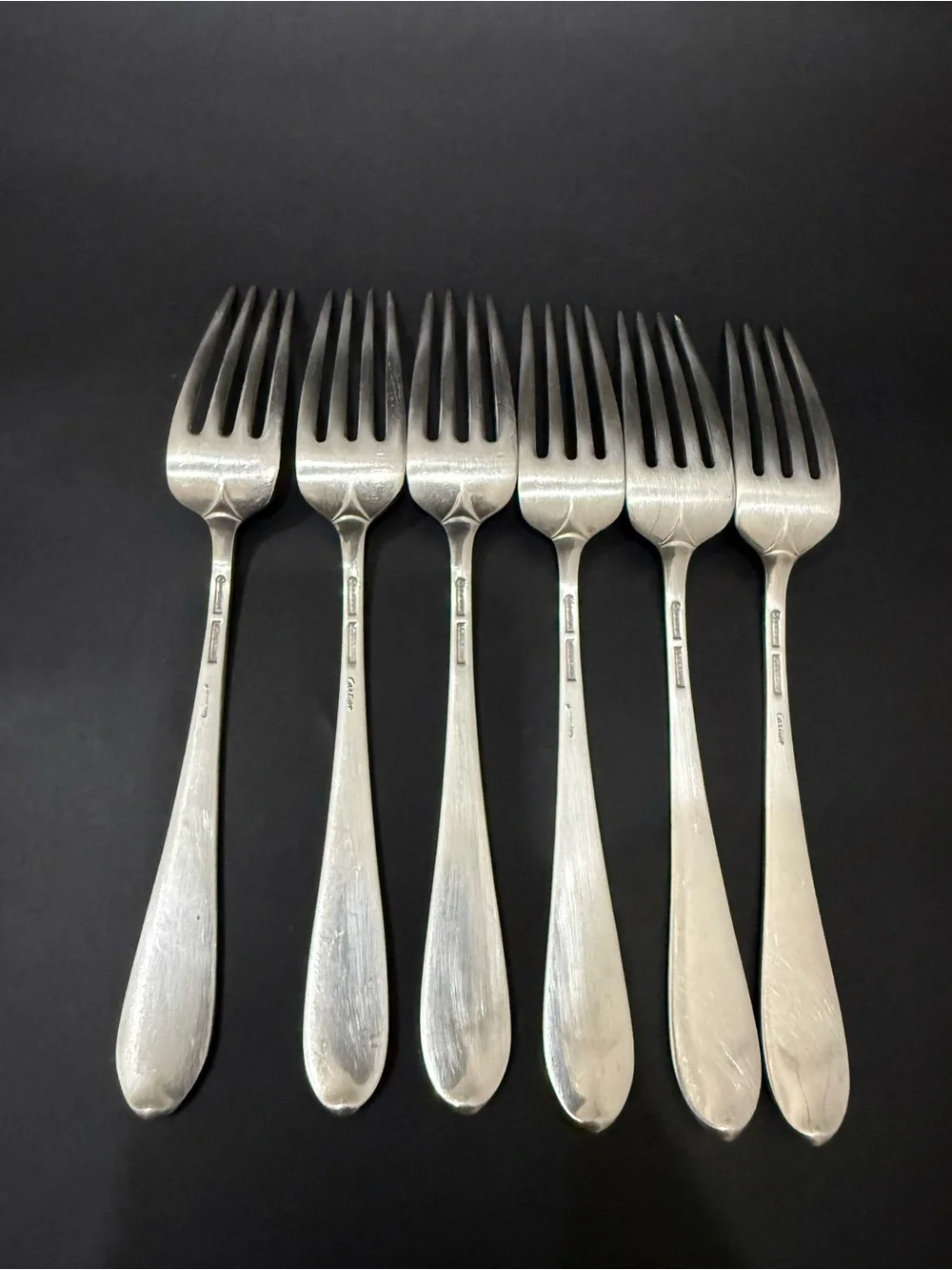 6pcs Vintage CARTIER Gorham Sterling Silver Gothic Monogram W Dinner Forks 410g.